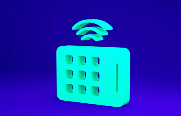 Зеленый значок таблички выделен на синем фоне. Концепция Интернета вещей с беспроводным подключением. Концепция минимализма. 3D-рендеринг — стоковое фото