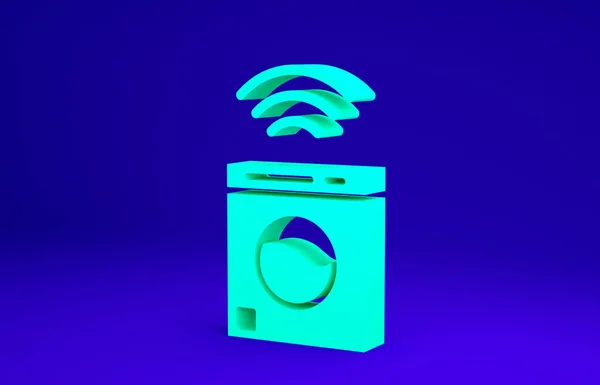 Icono del sistema de lavado inteligente verde aislado sobre fondo azul. Icono de lavadora. Concepto de Internet de las cosas con conexión inalámbrica. Concepto minimalista. 3D ilustración 3D render —  Fotos de Stock