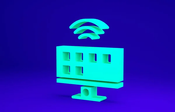Icône du système Smart Tv vert isolé sur fond bleu. Panneau de télévision. Concept d'Internet des objets avec connexion sans fil. Concept de minimalisme. Illustration 3D rendu 3D — Photo