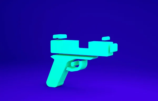 Pistolet vert ou icône de pistolet isolé sur fond bleu. Police ou arme de poing militaire. Petite arme à feu. Concept de minimalisme. Illustration 3D rendu 3D — Photo