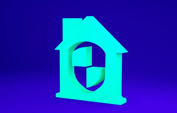 青の背景に隔離された保護アイコンの下で緑の家。家と盾だ。保護、安全、セキュリティ、保護、防衛の概念。最小限の概念。3Dイラスト3Dレンダリング — ストック写真