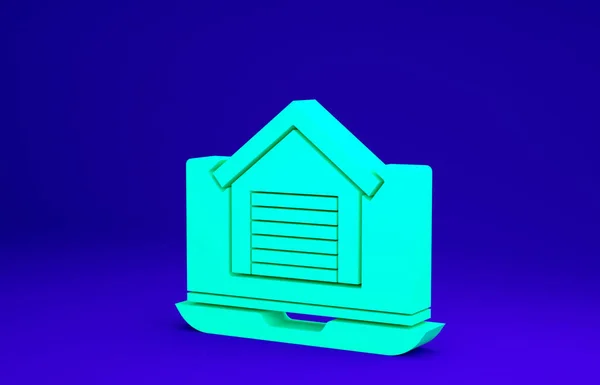 Green Online casa de bienes raíces en el icono del ordenador portátil aislado sobre fondo azul. Concepto de préstamo hipotecario, alquiler, compra, compra de una propiedad. Concepto minimalista. 3D ilustración 3D render — Foto de Stock