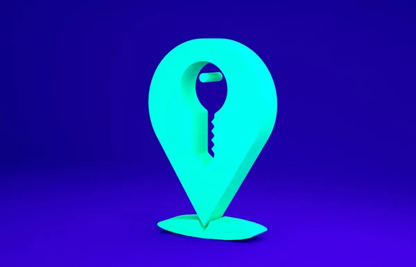 Green Location key icon isoliert auf blauem Hintergrund. Das Konzept des schlüsselfertigen Hauses. Minimalismus-Konzept. 3D Illustration 3D Renderer — Stockfoto