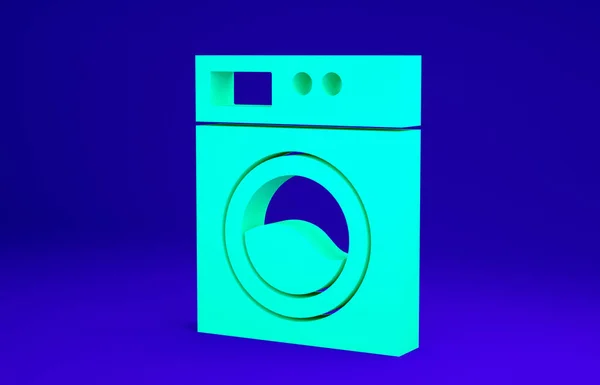 Grön tvättmaskin ikon isolerad på blå bakgrund. Tvättmaskinsikon. Tvättmaskin - tvättmaskin. Symbolen för hushållsapparater. Minimalistiskt koncept. 3D-återgivning för 3D — Stockfoto