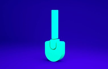 Mavi arkaplanda yeşil kürek simgesi izole edildi. Bahçe aletleri. Bahçecilik, tarım, çiftçilik aleti. Minimalizm kavramı. 3d illüstrasyon 3B canlandırma