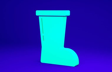 Mavi arkaplanda yeşil su geçirmez lastik bot simgesi var. Yağmurlu hava, balıkçılık, bahçe işleri için çizme. Minimalizm kavramı. 3d illüstrasyon 3B canlandırma