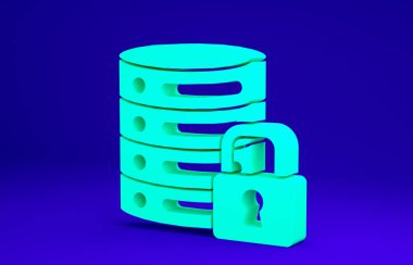 Mavi arkaplanda asma kilit simgesine sahip Yeşil Sunucu güvenliği izole edildi. Güvenlik, güvenlik, koruma kavramı. Minimalizm kavramı. 3d illüstrasyon 3B canlandırma