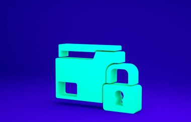 Yeşil Dizin ve kilit simgesi mavi arkaplanda izole edildi. Kapalı dosya ve asma kilit. Güvenlik, güvenlik, koruma kavramı. Minimalizm kavramı. 3d illüstrasyon 3B canlandırma