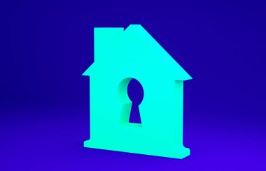 Koruma altındaki Yeşil Ev mavi arka planda izole edilmiş. Ev ve kalkan. Koruma, güvenlik, güvenlik, koruma, savunma konsepti. Minimalizm kavramı. 3d illüstrasyon 3B canlandırma