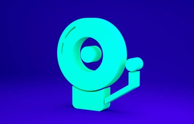 Mavi arkaplanda yeşil zil simgesi izole edildi. Alarm sembolü, servis zili, el zili işareti, uyarı sembolü. Minimalizm kavramı. 3d illüstrasyon 3B canlandırma