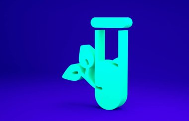 Yeşil laboratuvar camı ve mavi arkaplanda izole edilmiş bir ikon. Yapraklı kimyasal test tüpü. Eko Laboratuvarı. Minimalizm kavramı. 3d illüstrasyon 3B canlandırma