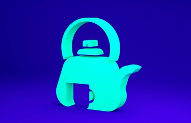 Geleneksel Yeşil Çay Töreni ikonu mavi arka planda izole edildi. Fincanlı çaydanlık. Minimalizm kavramı. 3d illüstrasyon 3B canlandırma