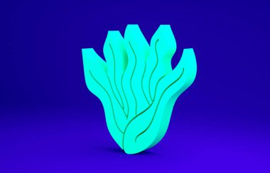 Yeşil Yosun simgesi mavi arkaplanda izole edildi. Su altı deniz yosunu spirulinası, deniz yosunu bitkisi. Vejetaryen ve vejetaryen yemekleri. Minimalizm kavramı. 3d illüstrasyon 3B canlandırma