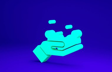 Mavi arka planda sabun ikonu olan yeşil yıkama elleri. Virüs ve bakterileri önlemek için ellerini sabunla yıkıyorsun. Minimalizm kavramı. 3d illüstrasyon 3B canlandırma