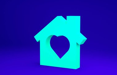 Mavi arka planda izole edilmiş, içinde kalp olan bir sera. Aşk ev sembolü. Aile, emlak ve gayrimenkul. Minimalizm kavramı. 3d illüstrasyon 3B canlandırma