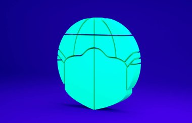 Mavi arka planda tıbbi maske simgesine sahip Yeşil Dünya küresi. Minimalizm kavramı. 3d illüstrasyon 3B canlandırma