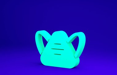 Mavi arka planda yeşil tıbbi maske simgesi izole edildi. Minimalizm kavramı. 3d illüstrasyon 3B canlandırma