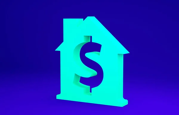 Casa Verde con símbolo del dólar icono aislado sobre fondo azul. Hogar y dinero. Concepto inmobiliario. Concepto minimalista. 3D ilustración 3D render — Foto de Stock