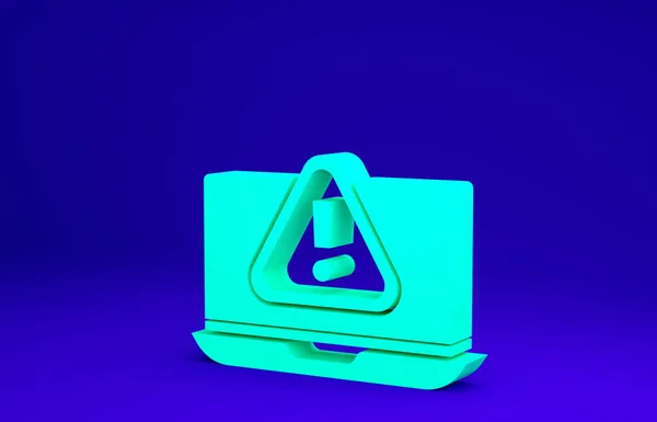 Зелений ноутбук з піктограмою позначки оклику ізольовано на синьому фоні. Сповіщення про повідомлення смартфона. Концепція мінімалізму. 3D ілюстрація 3D рендеринга — стокове фото