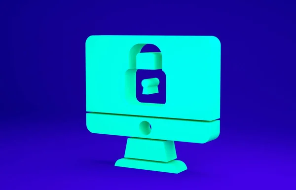 Bloqueo verde en el icono de la pantalla del monitor del ordenador aislado en fondo azul. Seguridad, seguridad, concepto de protección. Interred segura. Concepto minimalista. 3D ilustración 3D render —  Fotos de Stock