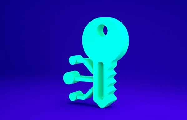 Grünes Kryptowährungs-Schlüsselsymbol auf blauem Hintergrund. Konzept der Cybersicherheit oder privater Schlüssel, digitaler Schlüssel mit Technologie-Schnittstelle. Minimalismus-Konzept. 3D Illustration 3D Renderer — Stockfoto