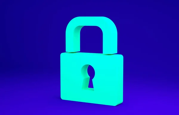 Ikon Green Lock diisolasi pada latar belakang biru. Padlock sign. Keamanan, keamanan, perlindungan, konsep privasi. Konsep minimalisme. Tampilan 3D ilustrasi 3d — Stok Foto