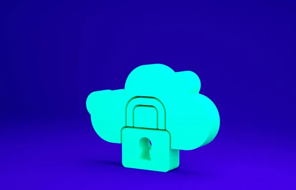 Green Cloud computing lock icon isolated on blue background. Security, safety, protection concept. Protection of personal data. Minimalism concept. 3d illustration 3D render — Stock Photo, Image