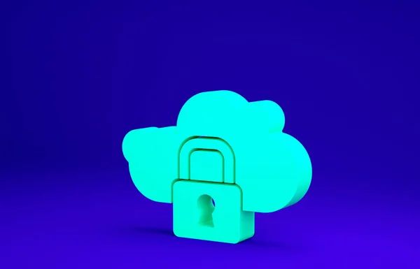 Icône de verrouillage Green Cloud Computing isolée sur fond bleu. Sécurité, sûreté, concept de protection. Protection des données personnelles. Concept de minimalisme. Illustration 3D rendu 3D — Photo