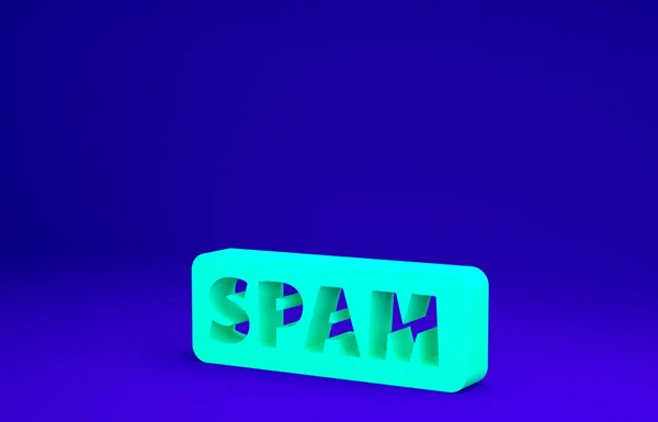 Zielona ikona spamu izolowana na niebieskim tle. Koncepcja minimalizmu. Ilustracja 3D 3D renderowania — Zdjęcie stockowe