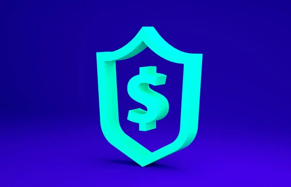 Grön sköld med dollar symbol ikon isolerad på blå bakgrund. Skydd av sköldar. Pengar säkerhet koncept. Minimalistiskt koncept. 3D-återgivning för 3D — Stockfoto