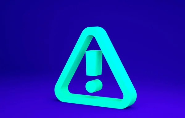 Grünes Ausrufezeichen im Dreieck-Symbol auf blauem Hintergrund. Gefahrenwarnschild, Vorsicht, Achtung, Gefahrenwarnschild. Minimalismus-Konzept. 3D Illustration 3D Renderer — Stockfoto