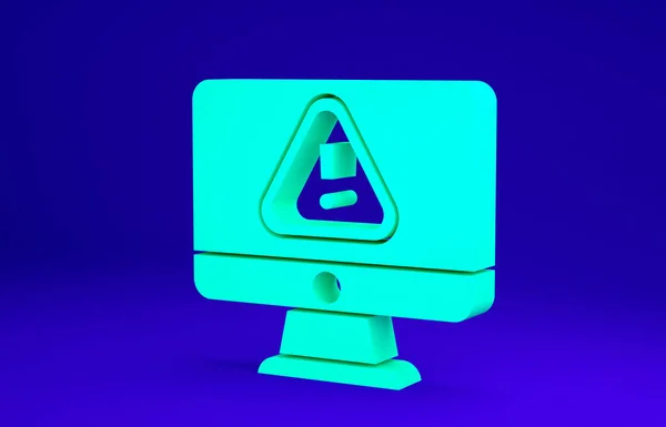 Зелений монітор комп'ютера з піктограмою позначки оклику ізольовано на синьому фоні. Сповіщення про повідомлення смартфона. Концепція мінімалізму. 3D ілюстрація 3D рендеринга — стокове фото