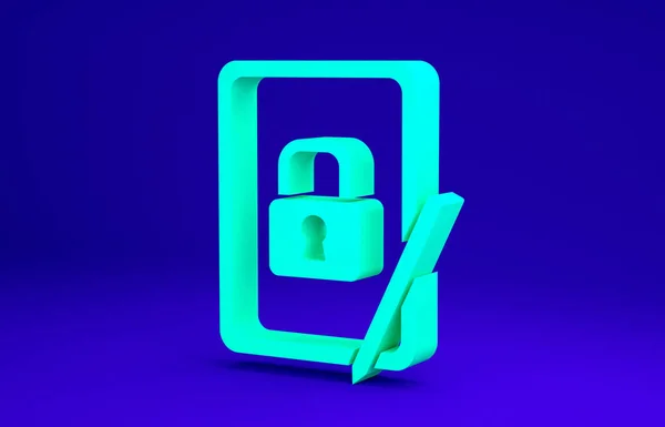 Comprimé graphique vert avec icône cadenas fermé isolé sur fond bleu. Téléphone avec serrure. Sécurité mobile, sécurité, concept de protection. Concept de minimalisme. Illustration 3D rendu 3D — Photo