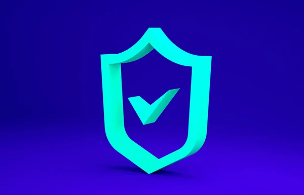 Green Shield met vinkje pictogram geïsoleerd op blauwe achtergrond. Beveiliging, veiligheid, bescherming, privacy concept. Markering goedgekeurd. Minimalisme concept. 3d illustratie 3D renderen — Stockfoto