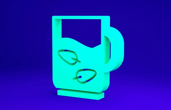 Zielona filiżanka herbaty i ikona liści izolowane na niebieskim tle. Koncepcja minimalizmu. Ilustracja 3D 3D renderowania — Zdjęcie stockowe