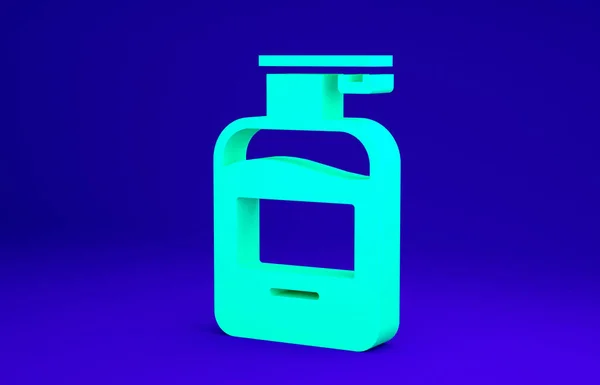 Garrafa verde de sabão antibacteriano líquido com ícone de dispensador isolado no fundo azul. Anti-séptico. Desinfecção, higiene, cuidados com a pele. Conceito de minimalismo. 3D ilustração 3D render — Fotografia de Stock