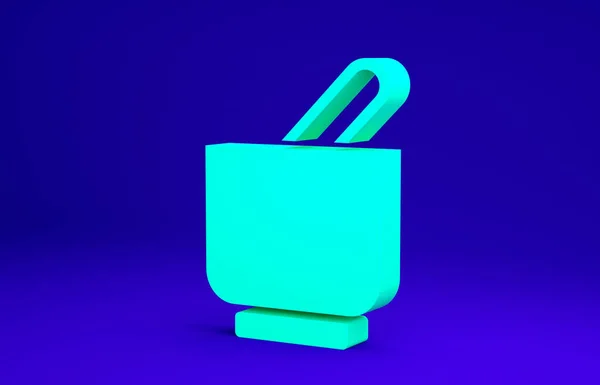 青の背景には緑のモルタルと杵のアイコンが隔離されています。最小限の概念。3Dイラスト3Dレンダリング — ストック写真