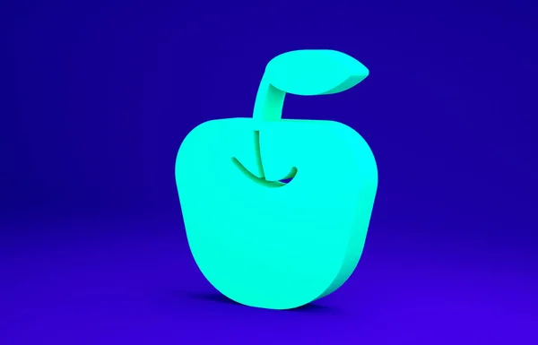 Ícone verde da Apple isolado no fundo azul. Fruta com símbolo de folha. Conceito de minimalismo. 3D ilustração 3D render — Fotografia de Stock