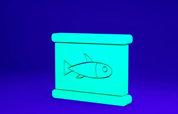 緑の缶詰魚のアイコンは青の背景に隔離されています。最小限の概念。3Dイラスト3Dレンダリング — ストック写真