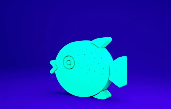 Ícone de peixe verde Puffer isolado no fundo azul. Peixe Fugu Peixe japonês. Conceito de minimalismo. 3D ilustração 3D render — Fotografia de Stock