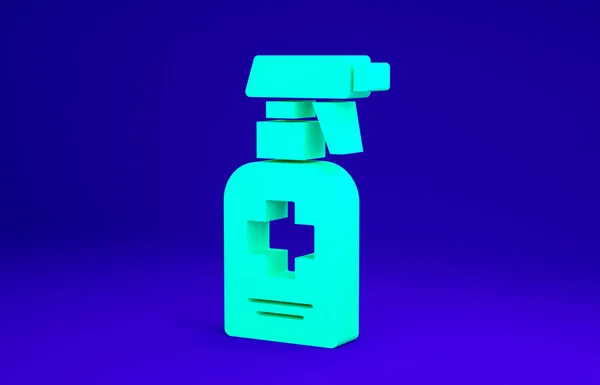 Πράσινο Φιάλη υγρού αντιβακτηριακού σαπουνιού με το εικονίδιο διανομής απομονωμένο σε μπλε φόντο. Αντισηπτικό. Απολύμανση, υγιεινή, περιποίηση δέρματος. Μινιμαλιστική έννοια. 3d απεικόνιση 3D καθιστούν — Φωτογραφία Αρχείου