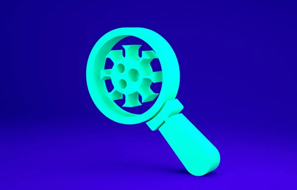 青い背景に隔離された拡大鏡のアイコンの下の緑のウイルス。コロナウイルス2019-nCoV 。細菌や細菌、微生物、真菌。最小限の概念。3Dイラスト3Dレンダリング — ストック写真