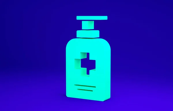 Garrafa verde de sabão antibacteriano líquido com ícone de dispensador isolado no fundo azul. Anti-séptico. Desinfecção, higiene, cuidados com a pele. Conceito de minimalismo. 3D ilustração 3D render — Fotografia de Stock