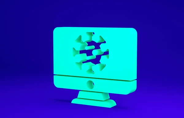 Statystyki dotyczące zielonego wirusa na ikonie monitora odizolowane na niebieskim tle. Wirus Corona 2019-nCoV. Bakterie i zarazki, rak komórek, mikrob, grzyby. Koncepcja minimalizmu. Ilustracja 3D 3D renderowania — Zdjęcie stockowe