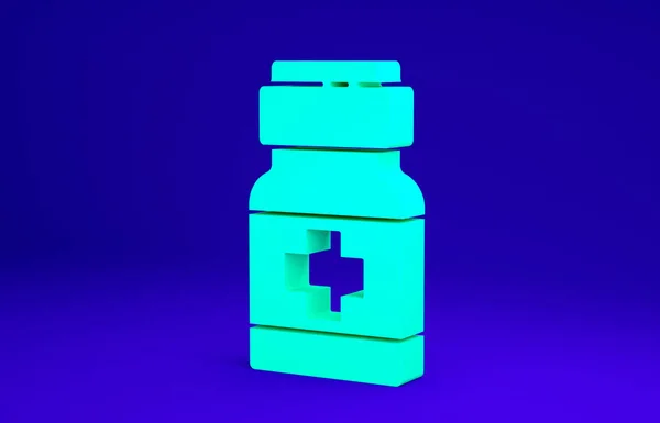 Пляшка і таблетки зеленої медицини ізольовані на синьому фоні. Медичний пакет для таблеток, вітаміну, антибіотиків, аспірину. Концепція мінімалізму. 3D ілюстрація 3D рендеринга — стокове фото