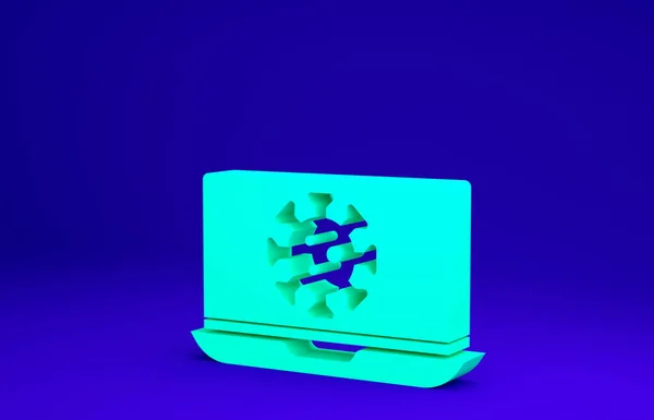 在蓝色背景下隔离的笔记本电脑图标上的绿色病毒统计数据。Corona virus 2019-nCoV.细菌和细菌，细胞癌，微生物，真菌。最低纲领的概念。3D渲染3D插图 — 图库照片