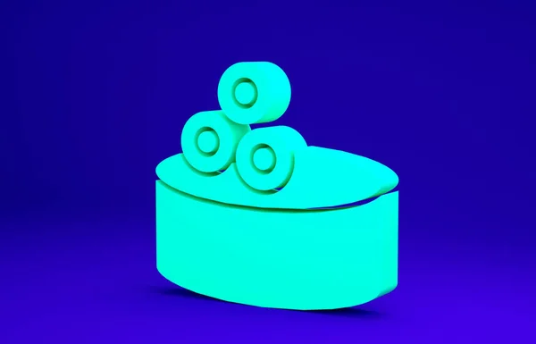 Green Tin can with caviar icon isolated on blue background. Minimalism concept. 3d illustration 3D render — Stock Image Green Tin can with caviar icon isolated on blue background. Minimalism concept. 3d illustration 3D render Royalty Free Stock Images