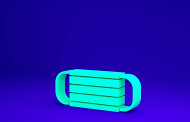 Mavi arka planda yeşil tıbbi maske simgesi izole edildi. Minimalizm kavramı. 3d illüstrasyon 3B canlandırma