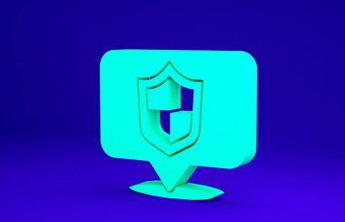 Mavi arkaplanda yeşil konum ikonu izole edildi. Sigorta konsepti. Gardiyan. Güvenlik, güvenlik, koruma, gizlilik kavramı. Minimalizm kavramı. 3d illüstrasyon 3B canlandırma