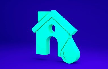 Yeşil Ev sel ikonu mavi arkaplanda izole edildi. Suyun altındaki evi sel basıyor. Sigorta konsepti. Güvenlik, güvenlik, koruma, konsept koruma. Minimalizm kavramı. 3d illüstrasyon 3B canlandırma